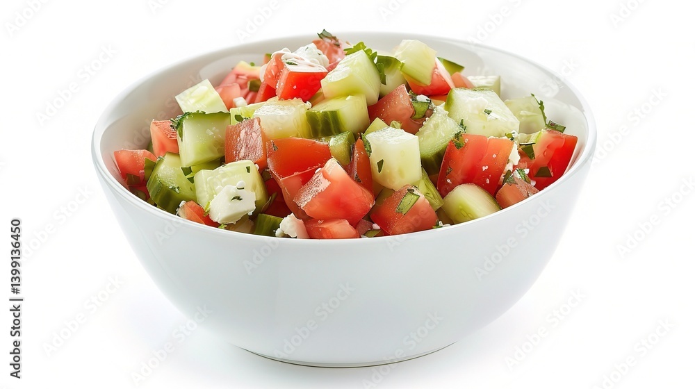 An inviting Greek salad is attractively presented. The Greek salad, a classic Mediterranean dish, features a vibrant combination of fresh ingredients An inviting Greek salad is attractively presented. The Greek salad, a classic Mediterranean dish, features a vibrant combination of fresh ingredients