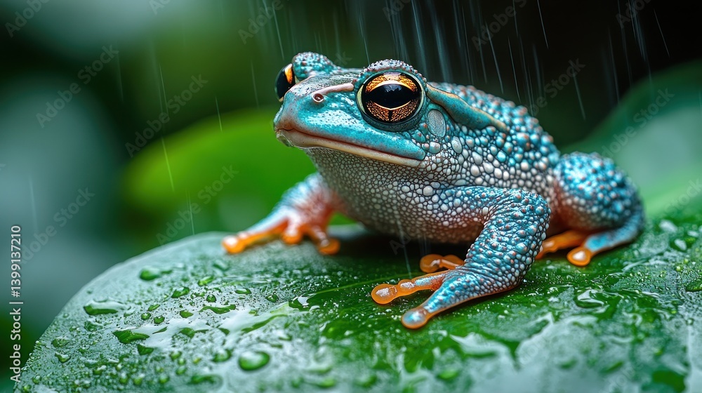 Fototapeta premium Vibrant Blue Frog Under the Rain