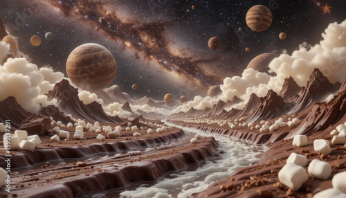 surreal landscape featuring chocolate rivers, marshmallows, and distant planets, evoking wonder