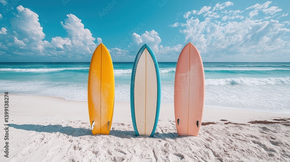 : vibrant surfboards on white sand beach inviting surfers under clear blue sky and rolling ocean waves
: vibrant surfboards on white sand beach inviting surfers under clear blue sky and rolling ocean waves