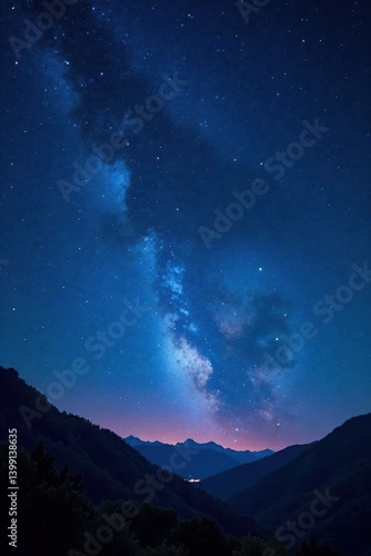 Starry night sky with dark blue frame and glitter bokeh effects, dark blue frame, night effect
