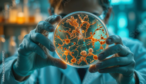 scientist examines petri dish filled with vibrant microorganisms, showcasing intricate details