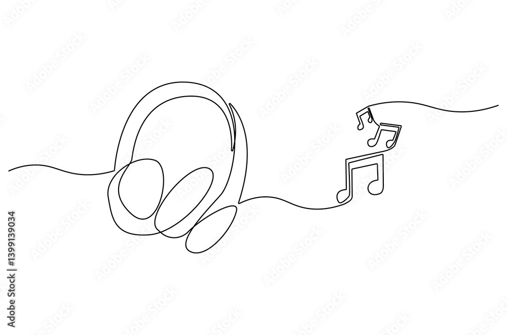 Obraz premium Continuous one line drawing of Headphones with music note. Single line drawing illustration of musical notes and headphones for web design. Music concept vector art. Doodle line illustration.