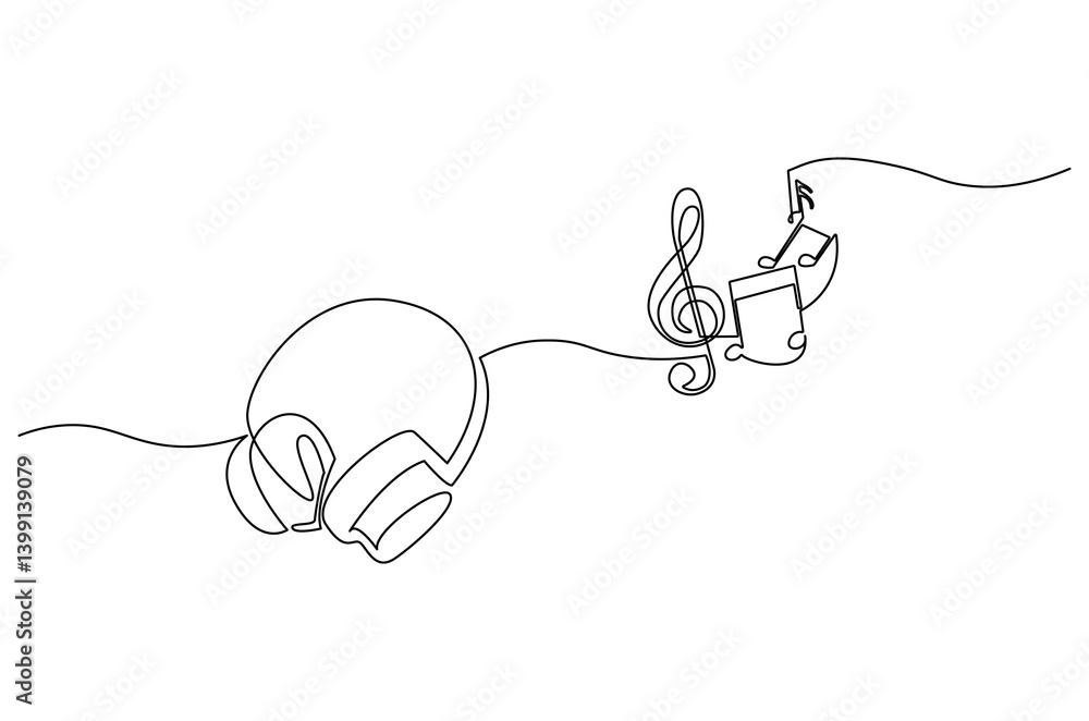 Obraz premium Continuous one line drawing of Headphones with music note. Single line drawing illustration of musical notes and headphones for web design. Music concept vector art. Doodle line illustration.