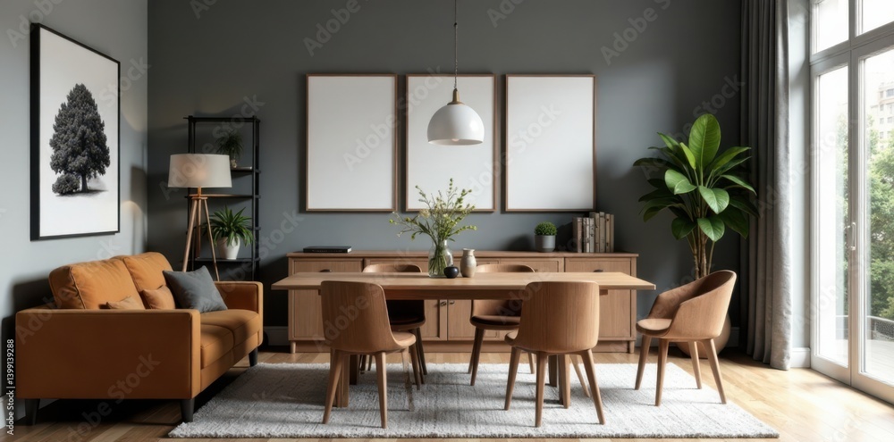 Stylish dining room with brown sofa and wooden dining table, black and white photographs on grey accent wall , elegant dining, modern decor Stylish dining room with brown sofa and wooden dining table, black and white photographs on grey accent wall , elegant dining, modern decor