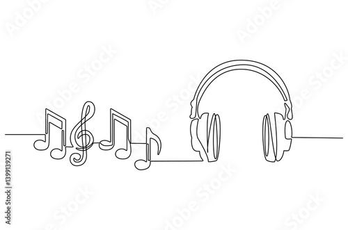Continuous one line drawing of Headphones with music note. Single line drawing illustration of musical notes and headphones for web design. Music concept vector art. Doodle line illustration.