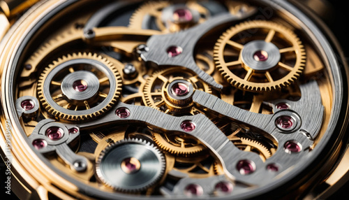 Intricate watch mechanism with gears, cogs, and jewels showcasing craftsmanship and precision