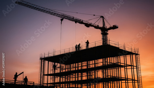 Building construction site at sunset with workers and crane, showcasing teamwork and progress