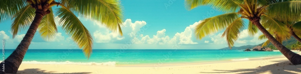 Obraz premium Vintage postcard-perfect tropical scene with swaying palms and golden sand, sunny, film aesthetic