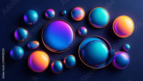 Colorful abstract spheres and bubbles create vibrant visual display on dark background