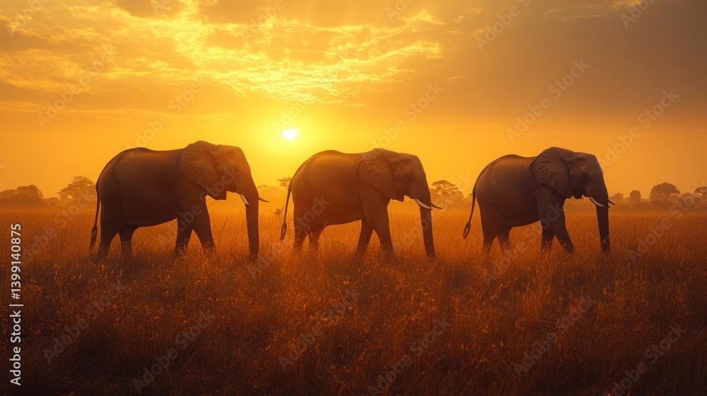 Fototapeta premium African elephants walking in golden savanna sunset
