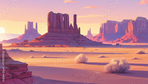 Breathtaking desert landscape with rock formations and soft pastel colors at sunrise