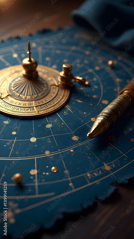 custom made wallpaper toronto digitalGold-leaf star chart with astrolabe on indigo parchment. HD celestial map with nebula textures and lens flare effects.