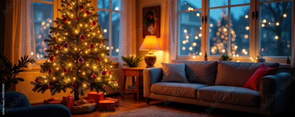 Fototapeta premium Warm glow of Christmas tree with colorful ornaments and twinkling lights in a cozy living room, Christmas, Celebration