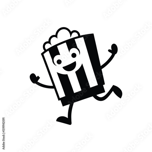 Black and white popcorn mascot with striped box and jumping pose.eps
