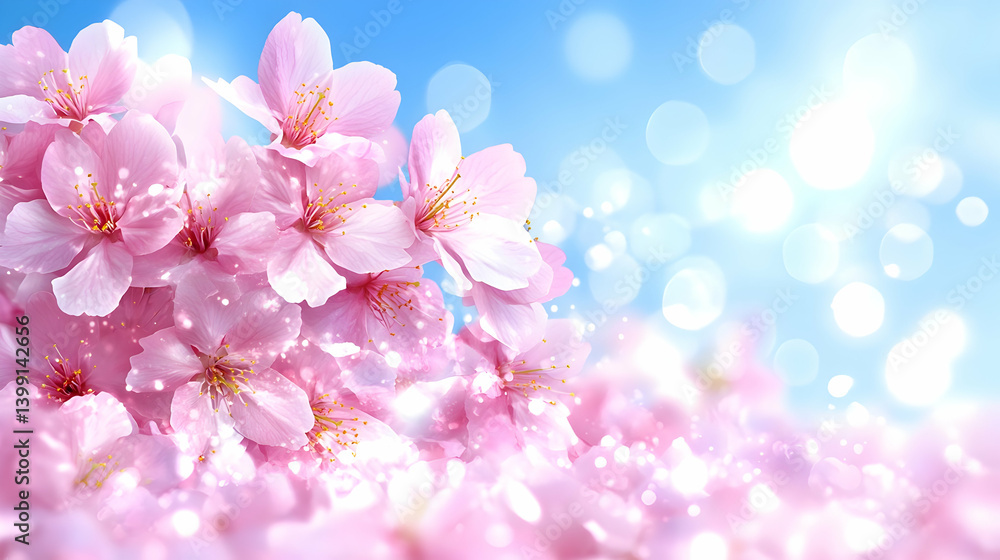 Springtime banner. Golden bokeh with pink cherry blossoms on a vivid blue backdrop Springtime banner. Golden bokeh with pink cherry blossoms on a vivid blue backdrop