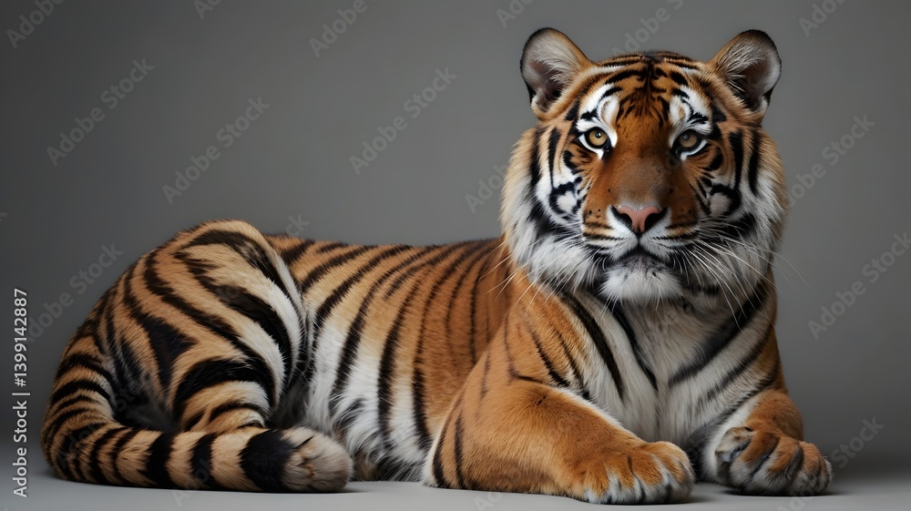 Obraz premium Striped feline portrait: Relaxed tiger gazing, studio lighting.