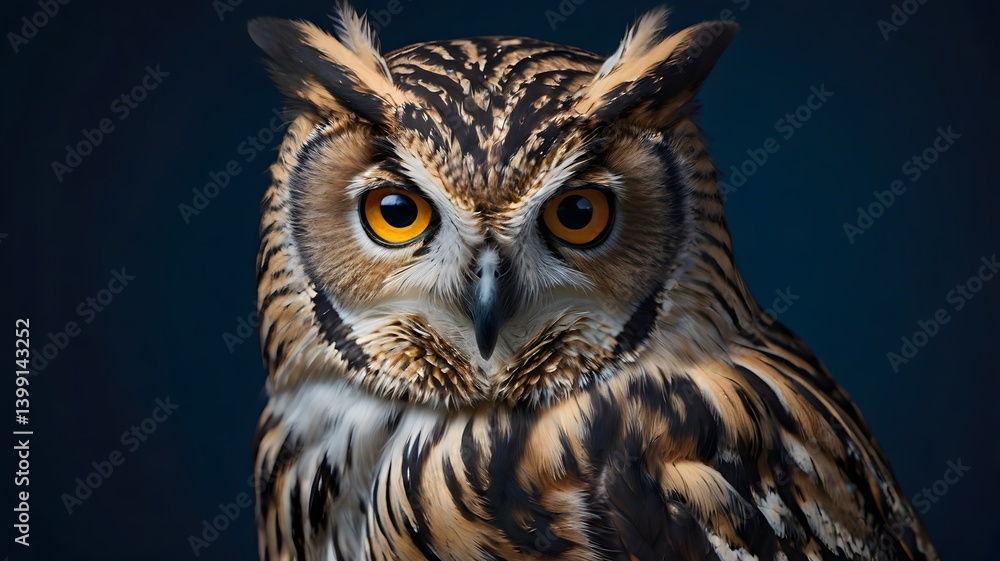 Fototapeta premium Intense Gaze: Eurasian Eagle-Owl Portrait, Striking Plumage, Amber Eyes on Dark Background