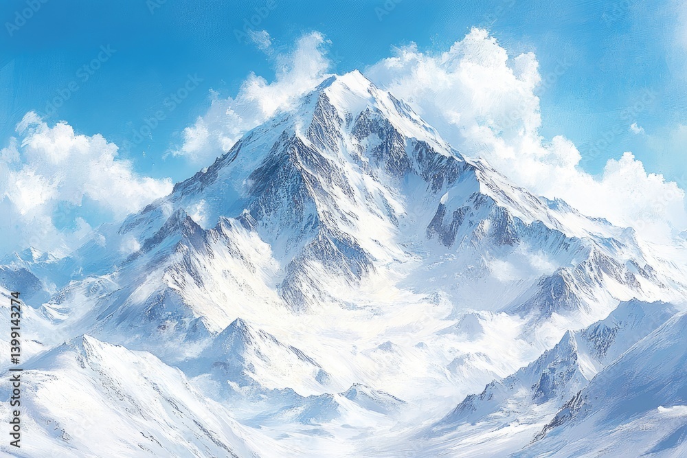 Snowy mountain peak with light blue sky, and some clouds in the background Snowy mountain peak with light blue sky, and some clouds in the background