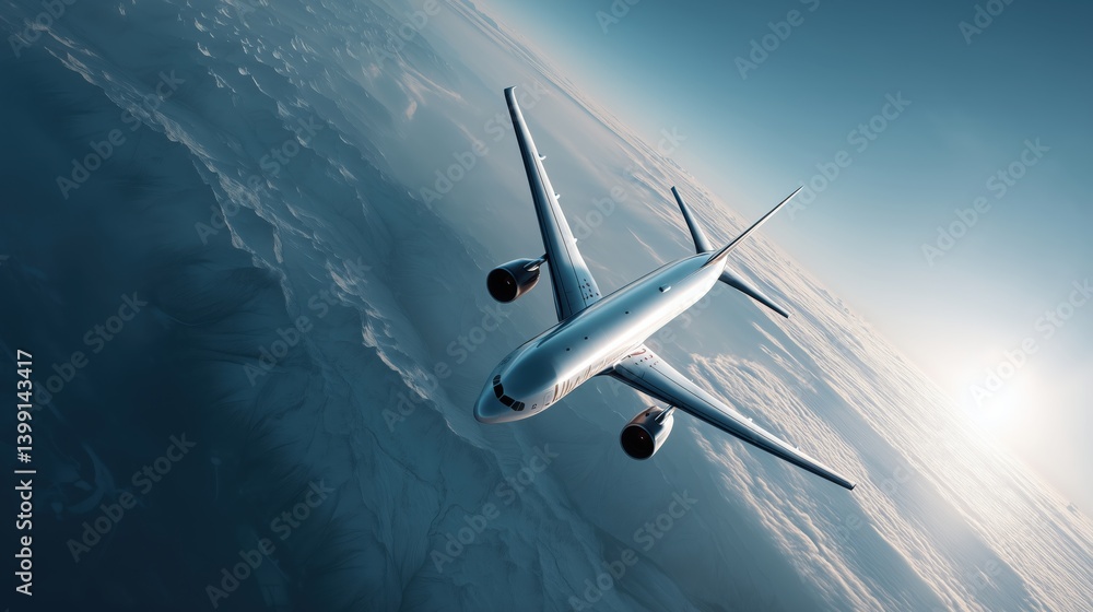 Fototapeta premium White commercial airplane flying in a blue sky with sun flare