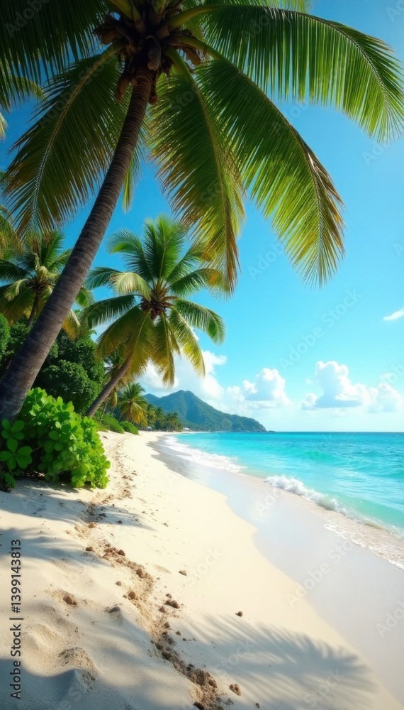 Tropical sandy ocean beach with palm trees in vintage light, beach, ocean, vintage Tropical sandy ocean beach with palm trees in vintage light, beach, ocean, vintage