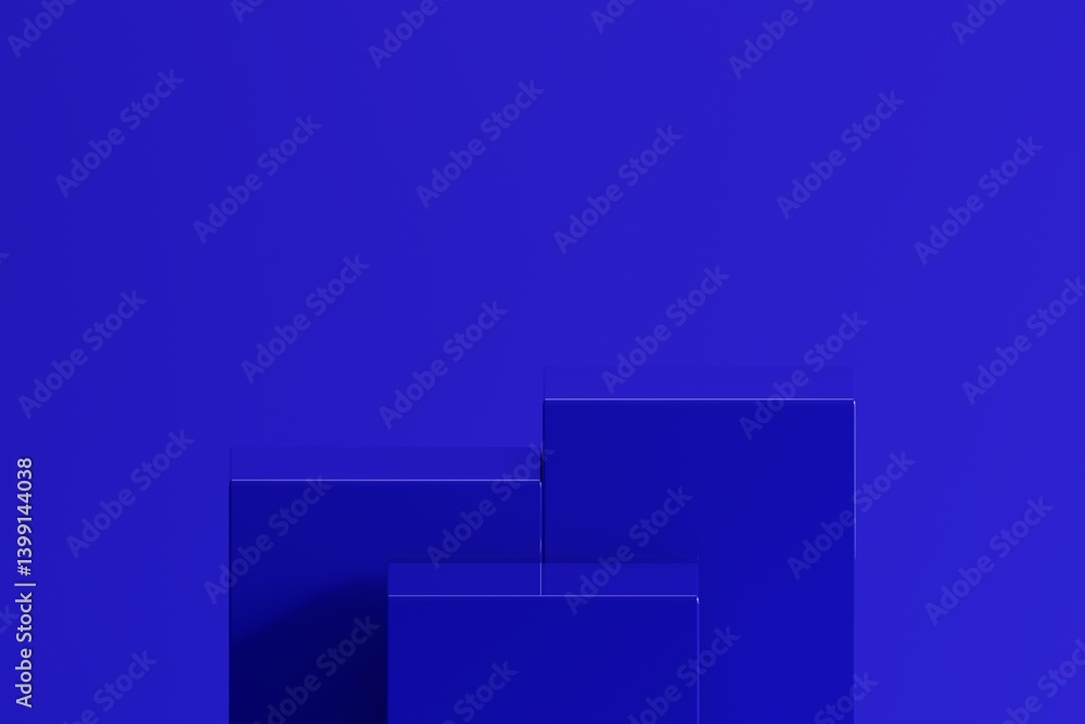 Three empty, stepped platforms or pedestals, with strong shadows, in a rich, blue, minimalist environment. It offers a modern and sleek design for product displays