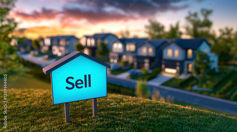 Obraz premium Sell your home real estate listing tips in a vibrant suburban neighborhood at sunset