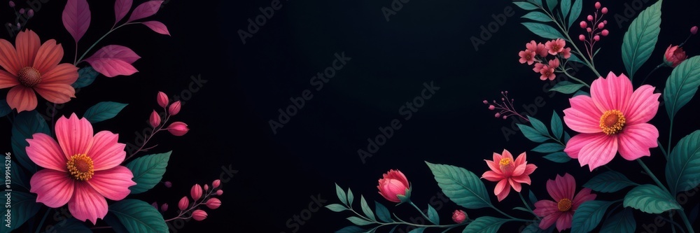 Obraz premium Vector flowers and leaves on black background with subtle gradient effect, vector, background