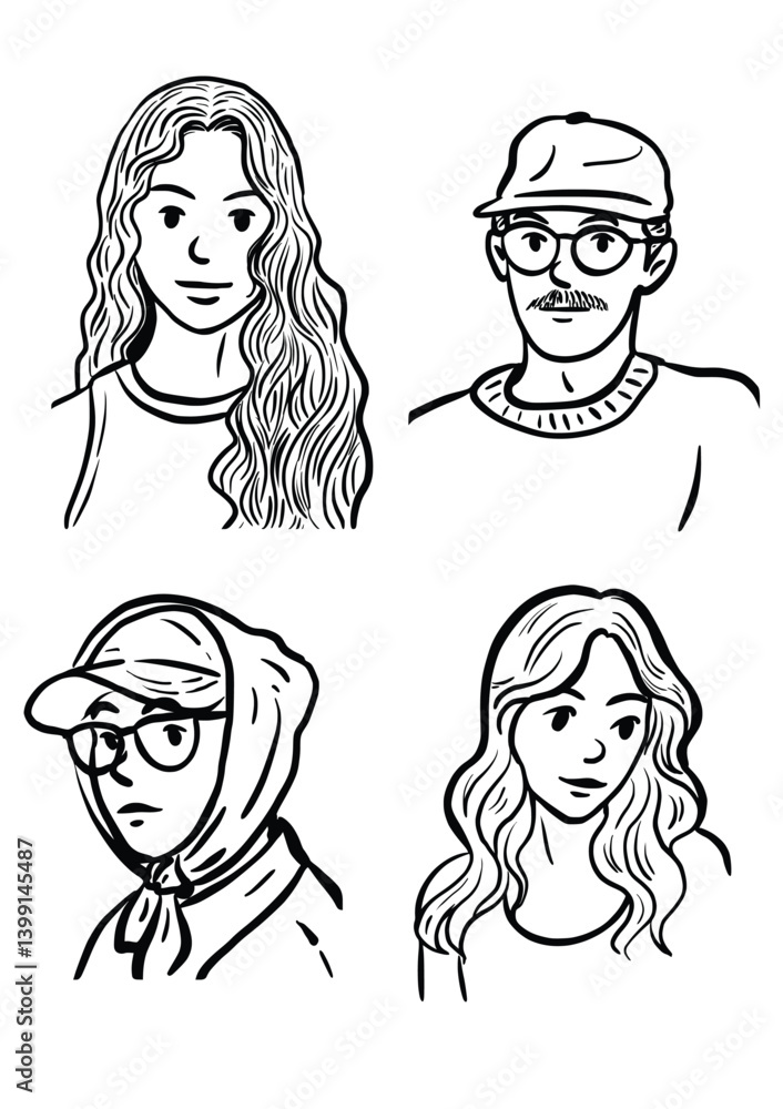 Diverse Portrait Collection: A curated gallery of unique faces, each portrait exuding a distinct personality through minimalist line art, perfect for adding character to your creative projects. Diverse Portrait Collection: A curated gallery of unique faces, each portrait exuding a distinct personality through minimalist line art, perfect for adding character to your creative projects.