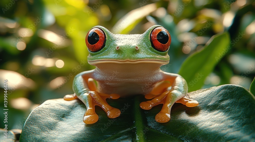 Fototapeta premium Red-eyed Tree Frog on a Leaf in Lush Rainforest