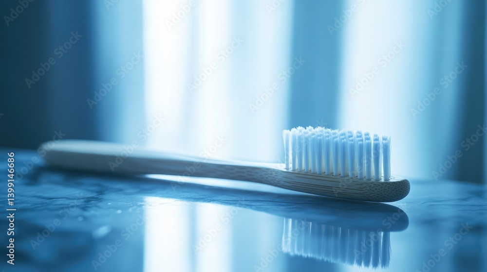 A bamboo toothbrush with soft white bristles rests on a reflective surface, bathed in soft blue light. A bamboo toothbrush with soft white bristles rests on a reflective surface, bathed in soft blue light.