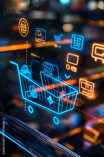 Digital shopping cart interface design online retail graphic art urban environment close-up view e-commerce concept