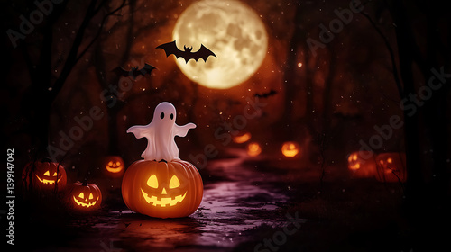 Halloween celebration with ghosts and pumpkins spooky forest digital art nighttime festive theme photo