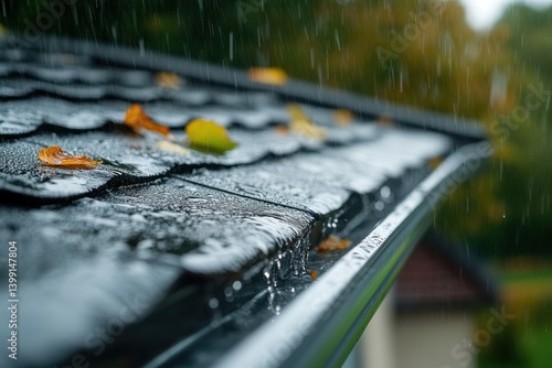 Rain falling on a roof with leaves and water flowing into the gutter on a rainy autumn day outside