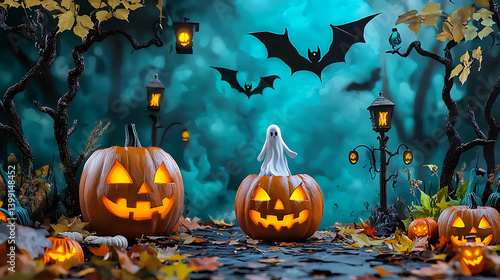 Halloween ghostly gathering enchanted forest digital art spooky atmosphere wide angle celebratory spirit