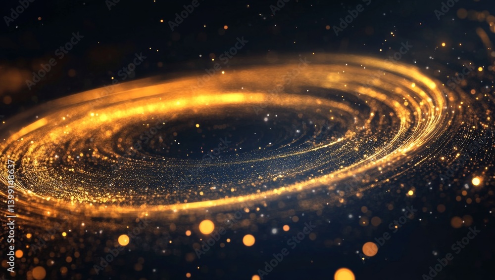 Obraz premium Golden spiral swirling in a dark cosmic background. A mesmerizing display of swirling golden particles against a deep night sky. 