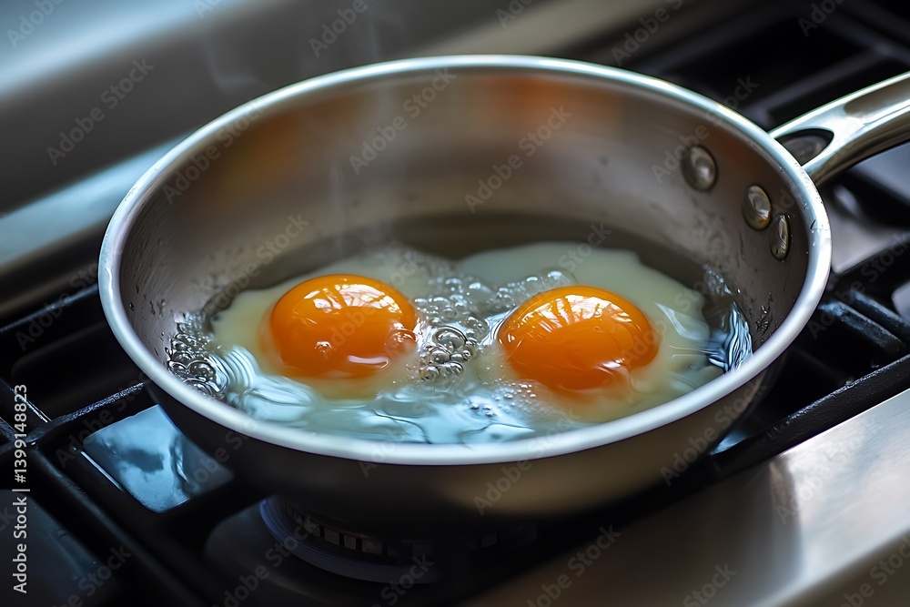 Stainless Steel Saucepan with Boiling Eggs on Gas Stove Top View Stainless Steel Saucepan with Boiling Eggs on Gas Stove Top View
