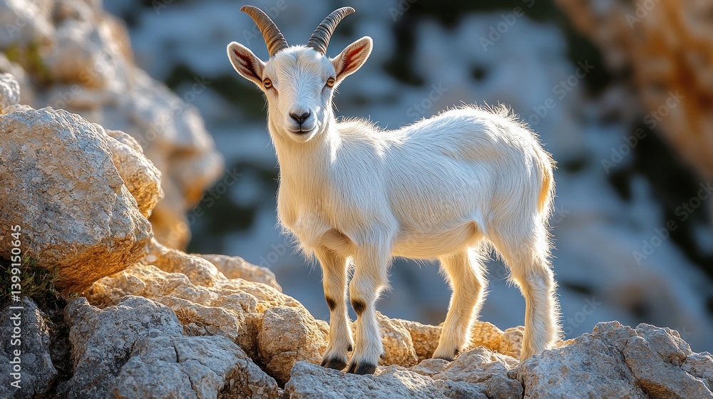 Obraz premium Majestic Mountain Goat: A Stunning Portrait of a Young Goat on Rocky Terrain