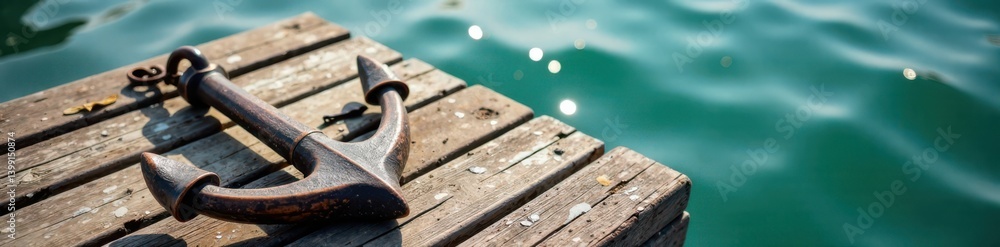 Wooden sailing ship anchor on old worn wooden dock, monochrome, wooden Wooden sailing ship anchor on old worn wooden dock, monochrome, wooden