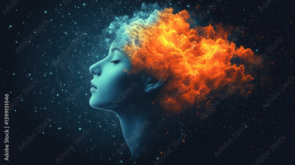 Woman's profile, fiery head, celestial background, artistic portrait Woman's profile, fiery head, celestial background, artistic portrait