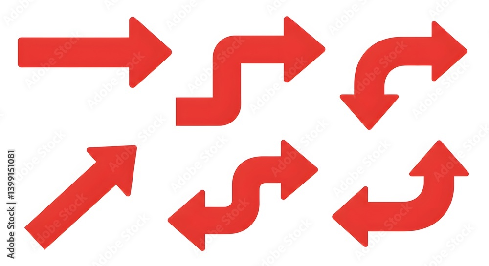 Collection of bold red arrows with twists and turns, used to indicate steps, progress, or direction changes Collection of bold red arrows with twists and turns, used to indicate steps, progress, or direction changes