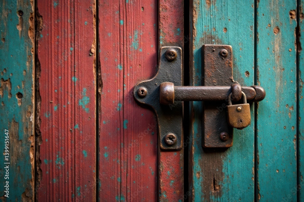Worn wooden door with rusty hinges and ancient lock , vintage door, weathered wood Worn wooden door with rusty hinges and ancient lock , vintage door, weathered wood