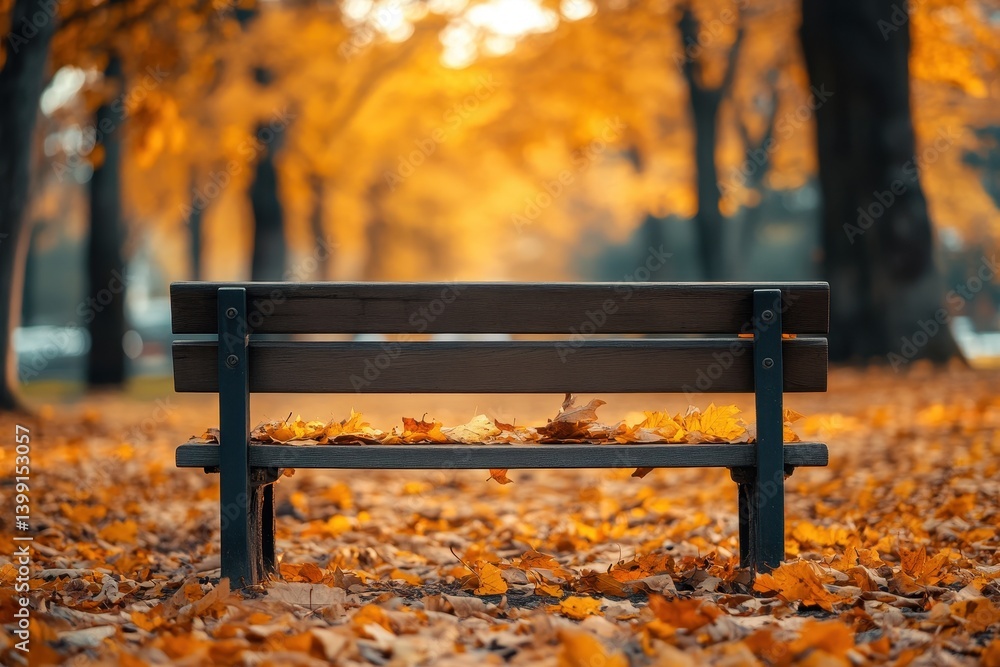 A park bench covered in fallen autumn leaves in a park with golden trees in the background light A park bench covered in fallen autumn leaves in a park with golden trees in the background light
