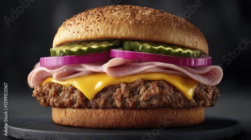 Deluxe hamburger showcasing premium ham, a perfectly cooked patty, and a selection of fresh toppings - forest ham black ham onion detail