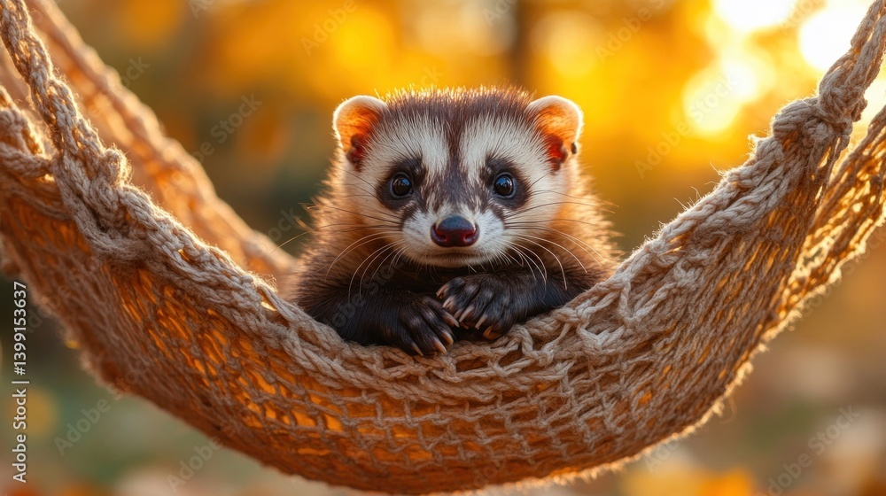 Fototapeta premium Adorable Ferret Relaxing in Hammock at Golden Hour