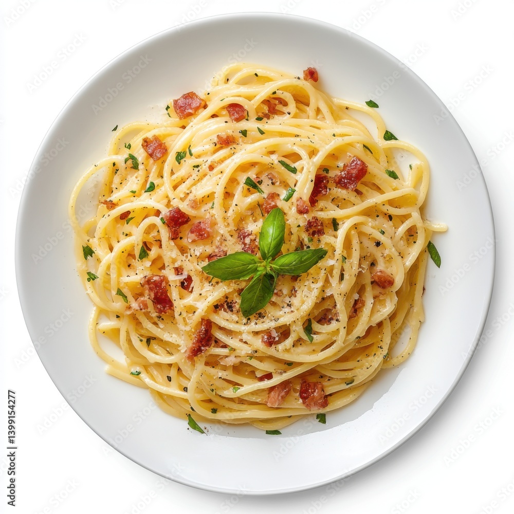 A top view of a plate of spaghetti carbonara with pancetta, isolated on a white background A top view of a plate of spaghetti carbonara with pancetta, isolated on a white background