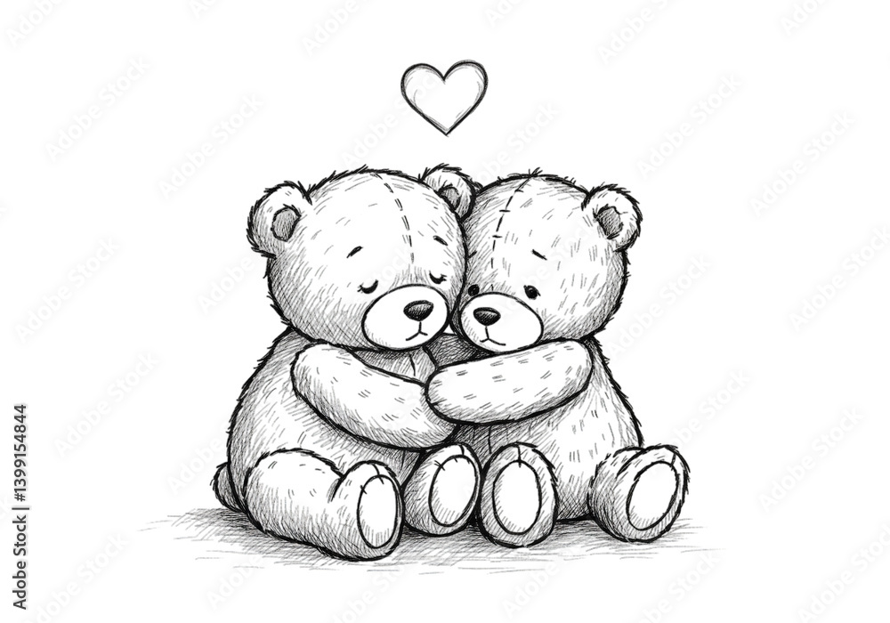 Obraz premium Two Teddy Bears Hugging with Heart Graphic on Black
