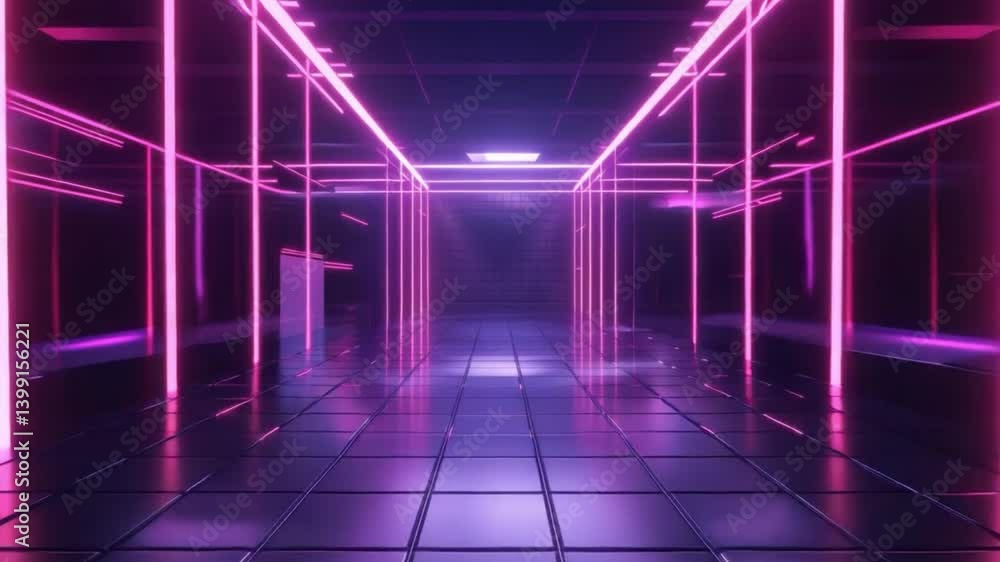 Futuristic corridor with glossy floor reflects vibrant pink neon lights, creating captivating atmosphere and enhancing modern design and architecture of space. Futuristic corridor with glossy floor reflects vibrant pink neon lights, creating captivating atmosphere and enhancing modern design and architecture of space.