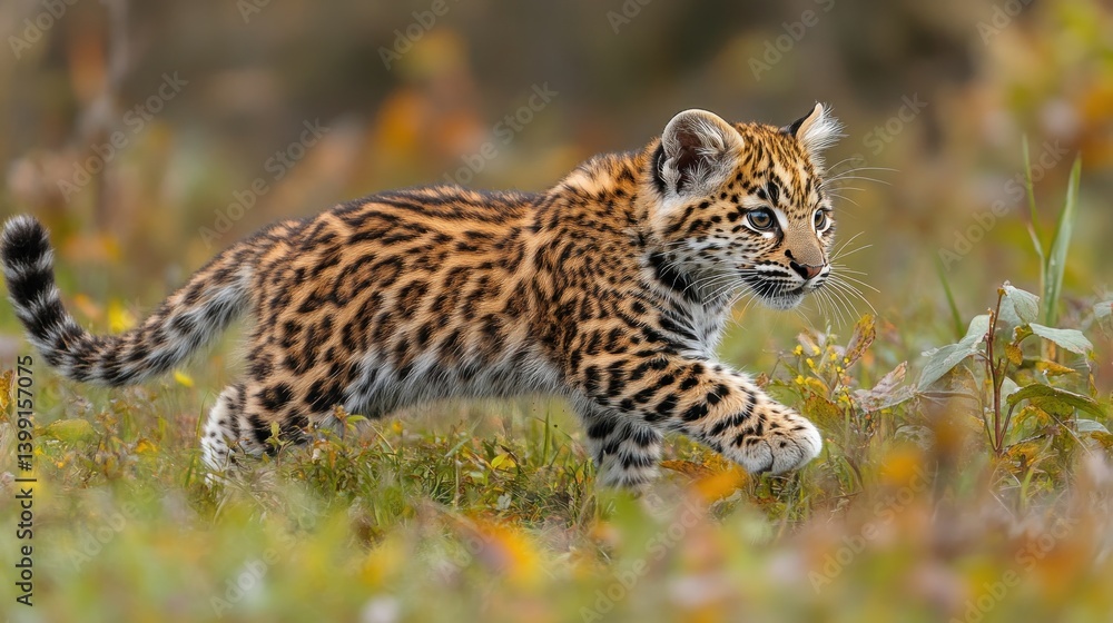 Obraz premium Adorable Amur Leopard Cub in Autumn Meadow
