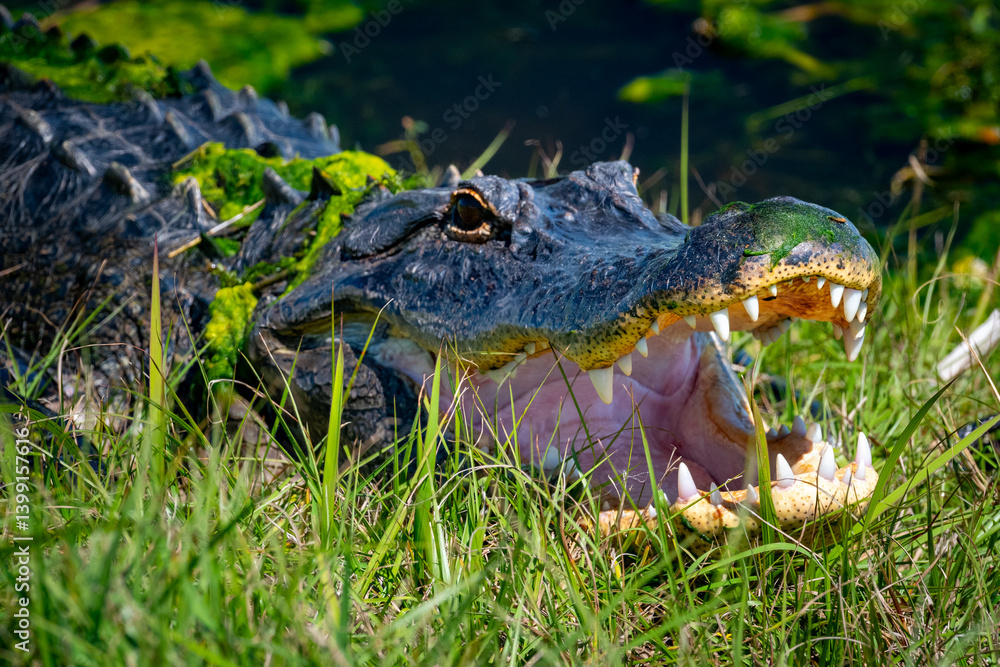 Fototapeta premium A large adult American alligator head with its mouth open exposing a ridge of sharp white needle-like teeth. The wild animal has its eyes open. The wet skin is a dark green color. The snout is broad. 